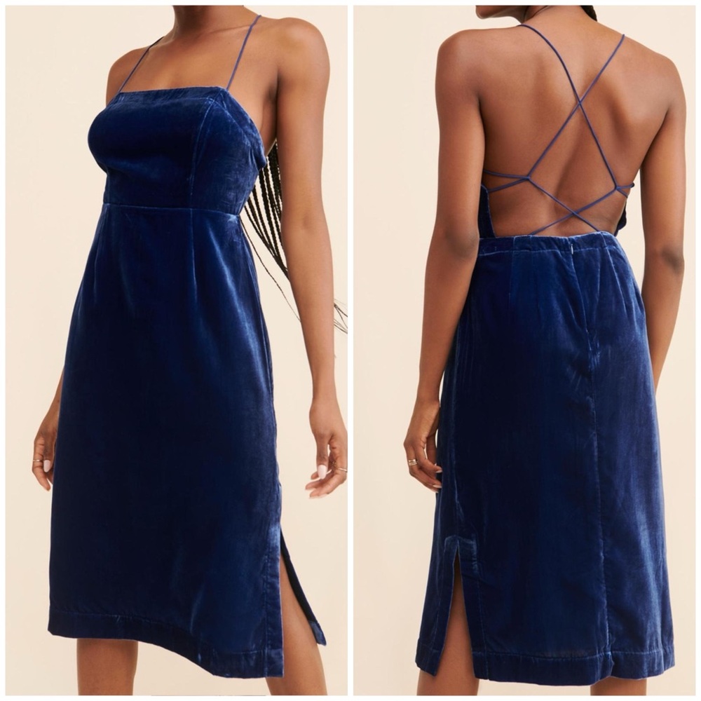 Anthropologie Sapphire Blue Velvet Slip Midi Dress Size US 4 Retail: $148